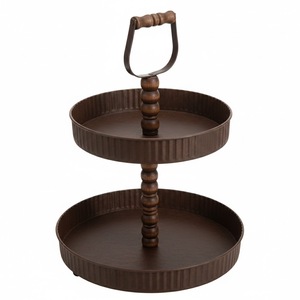 Plateau de service rustique en bois à 2 niveaux, décoratif, brun, pour desserts, cuisine et café - Product Image 1