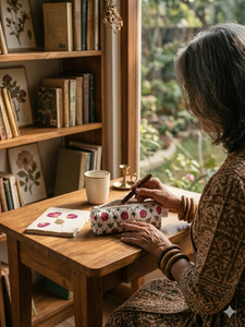 Estuche de Lápices Acolchado de Algodón con Diseño Floral Rosa |   Estuche para Papelería con Estampado a Mano, Bolsa de Maquillaje Hecha a Mano, Caja Protectora de Cosméticos de Alta Calidad - Product Image 4
