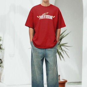 เสื้อยืดโอเวอร์ไซส์สีแดงพิมพ์ลาย Heaven สำหรับผู้ชาย แขนสั้น คอกลม ผ้าคอตตอนเจอร์ซีย์ สไตล์สตรีทแวร์ - Product Image 5