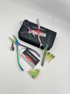 AL-FARDAN Instruments Multi Rainbow Color Surgical Grade Stainless Steel Hair Extension Tools Kit Loop Hook <b>Needle</b> Plier Razor - Product Image 4