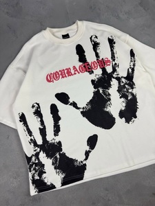 Oversized <b>White</b> Cotton T-Shirt With Black Handprint Pattern Street Style Short Sleeve Men's O-Neck <b>Tee</b> Printed Design - Product Image 2