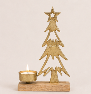 Luxury Gold Aluminum Christmas <b>Tree</b> Tea <b>Light</b> Holder With Premium Mango Wood Base For Holiday Table Centerpiece And Festive Home - Product Image 3