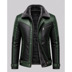 Veste de moto en cuir véritable pour homme, couleur verte et noire, avec doublure en fausse fourrure, fermeture éclair, style motard d'hiver - Product Image 3
