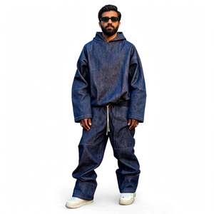 Conjunto de Chándal de Mezclilla Lavada con Logotipo Personalizado, Unisex, Estilo Urbano, Sudadera con Capucha y Pantalones Holgados con Cordón Ajustable - Product Image 1