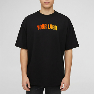 เสื้อยืดโอเวอร์ไซส์สีดำสำหรับผู้ชาย พิมพ์ลายตัวอักษรสีส้มซีดด้านหน้า สไตล์สตรีทแวร์ลำลอง แขนสั้น คอกลม - Product Image 4