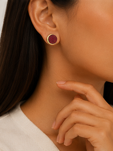 Boucles d'oreilles clous rondes en argent sterling 925 plaqué or avec rubis rouge CZ pour femmes, bijoux de créateur de luxe faits à la main - Product Image 4