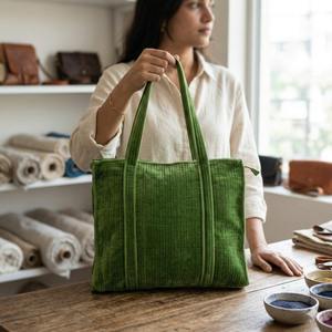 Bolso Tote de Terciopelo de Algodón Verde Premium para Mujer, Acolchado, Gran Capacidad, Doble Asa, Cierre de Cremallera, Bolso de Hombro para Viaje - Product Image 4