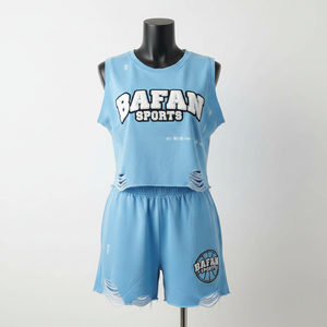 Conjunto Corto sin Mangas para Mujer, 100% Algodón, Malla de Poliéster Premium, Azul Cielo, Dobladillo Desgastado, Impresión de Pantalla, Logotipo Personalizado - Product Image 6