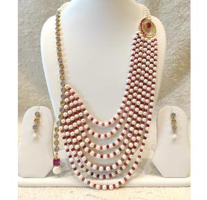 Juego de Collar y Aretes Largos de Perlas con Circonitas Cúbicas y Baño de Plata sobre Latón de Primera Calidad para Regalo de Boda y Aniversario para Mujer - Product Image 1