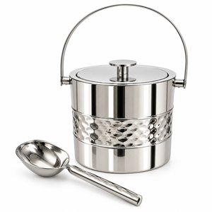 Seau à glace en acier inoxydable à double paroi avec couvercle et pelle, design métallique martelé de luxe, conteneur isotherme pour glaçons pour bar - Product Image 1
