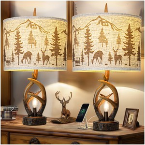 <b>Pine</b> Wood Carved Antler <b>Table</b> Lamp Base with Wildlife Motifs | Wholesale - Product Image 2