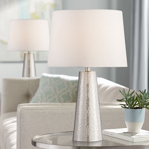Lampe de table en argent martelé au design moderne, lot de 2, lampe de chevet de luxe, abat-jour en tissu blanc, décoration pour chambre à coucher et salon - Product Image 6