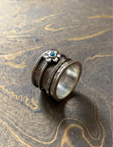 Dainty <b>Turquoise</b> Gemstone Floral Textured Wide Band <b>Ring</b> - Handmade Collection Fine Jewelry for Everyday Wear - Product Image 3