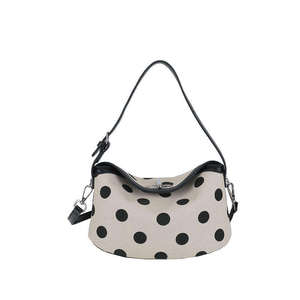 Women's <b>Beige</b> Canvas Polka Dot <b>Crossbody</b> <b>Bag</b> Black Trim Zipper Closure Shoulder Purse Wholesale Women's Genuine Leather - Product Image 3