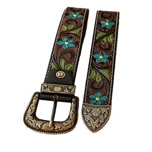 Customized Hand Tooling Genuine Leather <b>Belt</b> Western Floral Embossed Pin <b>Buckle</b> Ethnic <b>Cowboy</b> Style Tooled Leather <b>Belt</b> - Product Image 3