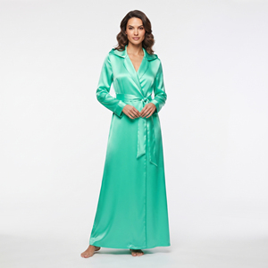 Robe longue en satin pour femmes, manches longues, col rabattu, robe de nuit en soie - Product Image 1