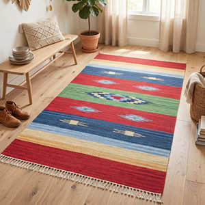 Alfombra de Diseño Kilim Geométrica de Algodón Tejido Plano 4x6 con Borlas, Rectangular, para Pasillo, Antideslizante, en Tonos Naturales - Product Image 4