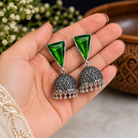 ARTS JEWELS Boucles d'oreilles pendantes vintage en argent oxydé et jade vert pour femme |   Bijoux de fête de style Jhumka Bollywood