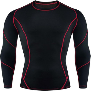 <b>Men's</b> Long Sleeve <b>Black</b> Compression <b>Shirt</b> Red Trim Quick Dry <b>Slim</b> <b>Fit</b> O-Neck Casual Breathable Eco-Friendly Knitted Spandex - Product Image 1