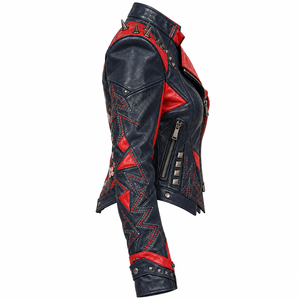 Chaqueta de cuero gráfica para mujer, estilo motero, con tachuelas y púas, color azul marino y rojo, estilo punk rock, ropa exterior, proveedor de fábrica al por mayor, OEM, ODM, personalizada - Product Image 3