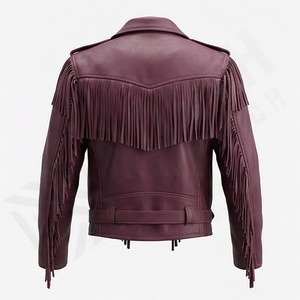 แจ็คเก็ตหนังแกะแท้คุณภาพสูงสำหรับผู้ชาย สีตามสั่ง สไตล์ตะวันตก แต่งขอบแบบเฟรนจ์ สำหรับขี่มอเตอร์ไซค์ คอตั้ง เหมาะสำหรับฤดูหนาว - Product Image 2