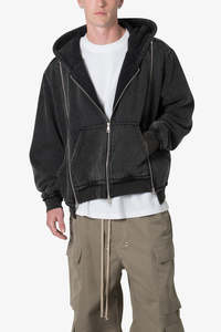 Vintage Acid Wash Custom Logo Heavyweight 500GSM 3 Zip Hoodie New Fashion Winter Double Slide 3 Zipper 100% Cotton Hoodies Men - Product Image 2