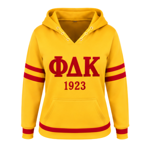 Sweat à capuche PDK 1923 pour femme, broderie flamme livre ouvert or et rouge, manches universitaires rayées, pull à capuche à manches longues, sororité - Product Image 3