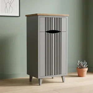 Modern Gray Storage <b>Cabinet</b> with Wood Top and Vertical Slats Design for Bathroom or Closet Use - Product Image 4