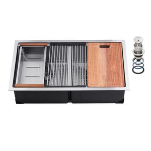 Lavello da Cucina da Incasso da 33 Pollici in Acciaio Inox 304, Doppia Vasca Stile Rustico con Bordo e Valvola in Ottone, Multiuso - Product Image 4