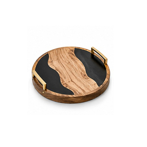 Plateau de rangement rond en bois avec incrustation de marbre et poignées en forme de branche dorée, design minimaliste pour utilisation sur table, à un seul niveau - Product Image 4