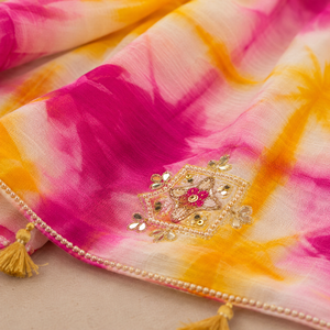 Sari de mariage vintage Tie Dye Jaipur Shibori rose jaune en modal, vente en gros, broderie miroir, vêtements de fête pour femmes, OEM - Product Image 5