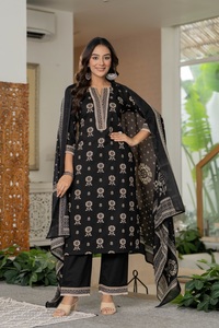 Latest Designer Black Straight Ethnic <b>Kurta</b> Pant Dupatta Set for <b>Women</b> | Traditional Indian Printed Suit - Product Image 2