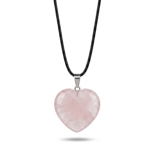 Collar con Colgante de Corazón de Cuarzo Rosa Natural, Forma Redonda Pulida, Cordón Negro, Accesorio de Moda - Product Image 1