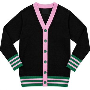 Cárdigan de Punto Personalizado para Mujer, Estilo Universitario, Negro, Rosa, Verde, con Rayas en los Puños, Cuello en V, Botones, Fabricante de Marca Privada OEM - Product Image 1