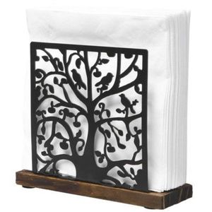 Porte-serviettes rustique en bois et métal, design Arbre de Vie en fer noir, distributeur de serviettes en papier sur pied pour la décoration de table de cuisine - Product Image 1