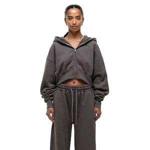 Best Quality Embroidery Washed Cropped Sport Street Wear Custom Logo Zip Up Two 2 Piece Sweatpants And <b>Tracksuits</b> For Women - Product Image 1