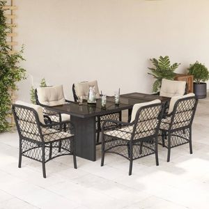 Set da pranzo da 7 pezzi in Poly Rattan nero con cuscini eleganti mobili da esterno - Product Image 1