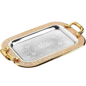 Bandeja de servir rectangular de metal de estilo árabe de lujo con asas doradas, bandejas decorativas de metal marroquí de acero inoxidable para el hogar - Product Image 1