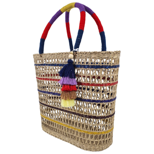 กระเป๋าโท้ทสานมือจากหญ้าทะเลลายทางสีสันสดใส กระเป๋าทรงสี่เหลี่ยมแบบสานเปิดสำหรับใช้ในบ้านและชายหาด - Product Image 4