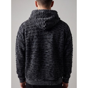 Mens Distressed <b>Washed</b> Hoodie Oversized Ripped Pullover Hooded Sweatshirt Vintage Streetwear Heavyweight Cotton Custom Logo OEM - Product Image 2