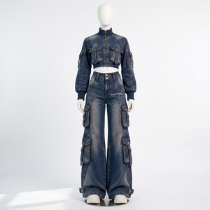 Conjunto de Dos Piezas de Mezclilla Azul Oscuro para Mujer, Chaqueta Bomber Corta y Pantalones Anchos, Ropa de Moda al por Mayor Personalizada - Product Image 3
