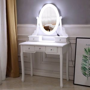 FCH White 5-Drawer Dressing Table with Single Mirror and Light Bulb Makeup Vanities - Product Image 6