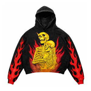 Sudadera Corta con Capucha Personalizada para Hombre y Mujer, Diseño Gótico de Esqueleto y Llamas, Sudadera con Gráfico de Calavera, Estilo Urbano - Product Image 1
