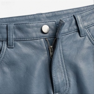 Jupe crayon en cuir PU taille haute pour femme, bleu uni, longueur genou, avec fente avant, toutes saisons - Product Image 5