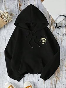 Sudadera con Capucha Oversize de Fase Lunar Negra con Diseño Bordado 100% Algodón Moda Casual Streetwear - Product Image 5