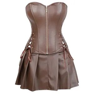 Conjunto de corsé de cuero auténtico para mujer al por mayor, personalizado, sin tirantes, con cremallera frontal, cordones laterales, bustier overbust y falda plisada. - Product Image 5