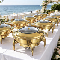 Réchaud à buffet rond en acier inoxydable doré de luxe, ensemble de réchaud à soupe avec couvercle en verre