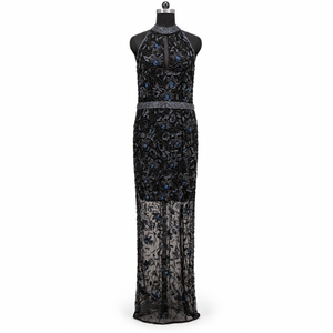 Women Black Embroidered Evening <b>Dress</b> | <b>Halter</b> <b>Neck</b> Sleeveless Mermaid Gown with <b>Sequin</b> Beading Sheer Floor Length Formal <b>Dress</b> - Product Image 1