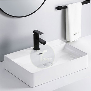 Lavabos de salle de bain en céramique de qualité supérieure, finition blanche brillante, design moderne carré, lavabos à poser - Product Image 5