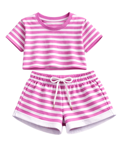 Ensemble crop top et short rayé rose et blanc personnalisé pour femme – Tenue décontractée d'été deux pièces avec taille élastique – Vêtements de détente et streetwear OEM - Product Image 1